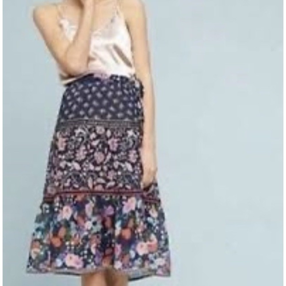 Anthropology One September Large Floral Faux Tiered Skirt Boho Beautiful MIDI